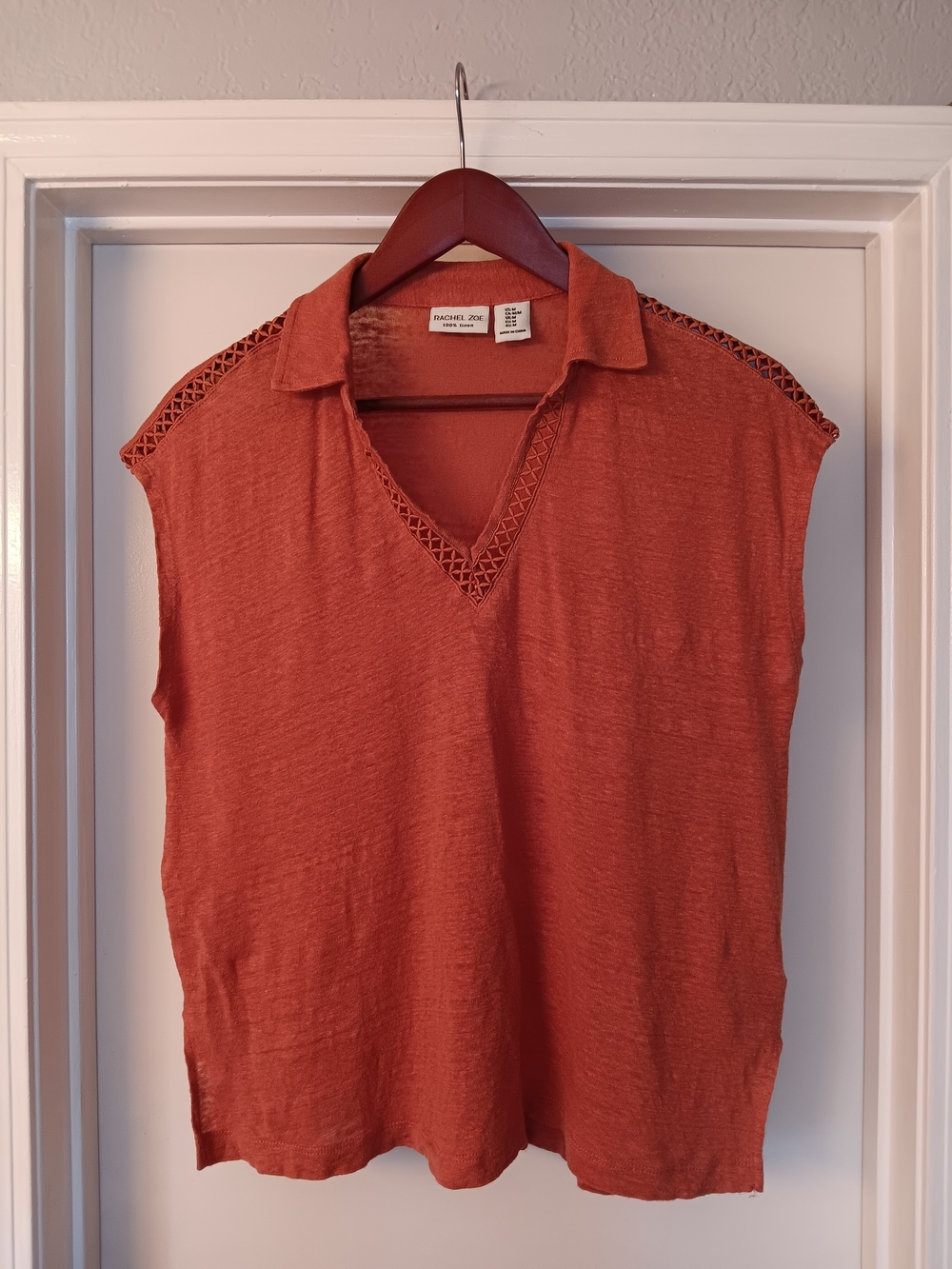 Rachel Zoe Rust Orange Collared V-Neck Sleeveless Linen Top